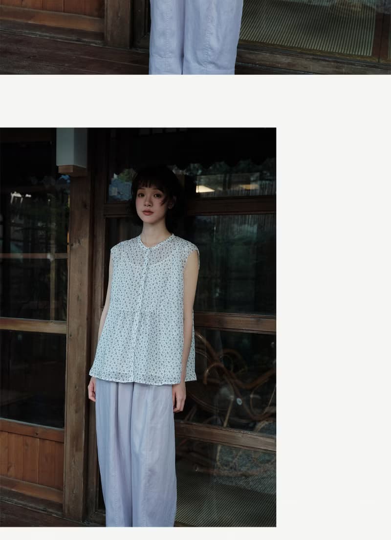 碎花苧麻小衫無袖上衣圓領