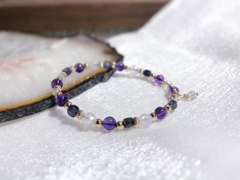 紫水晶、月光石、菫青石 天然石手鍊
