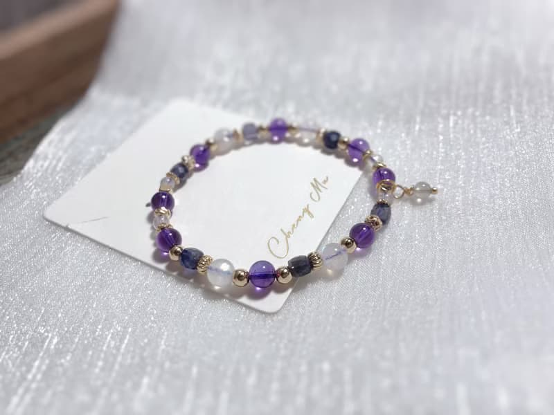 紫水晶、月光石、菫青石 天然石手鍊