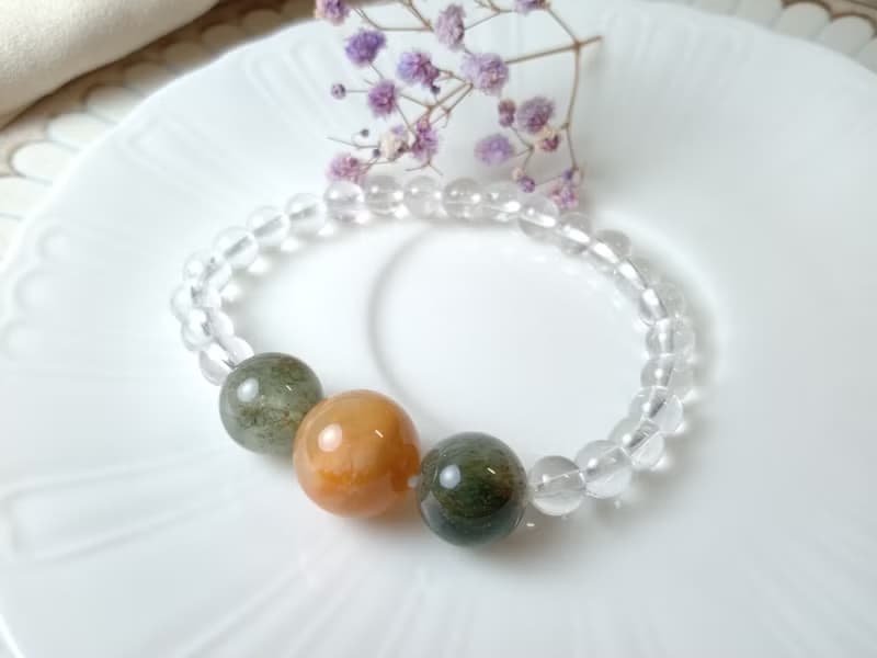 手鍊 珠串設計 綠髮晶+兔毛晶+白水晶