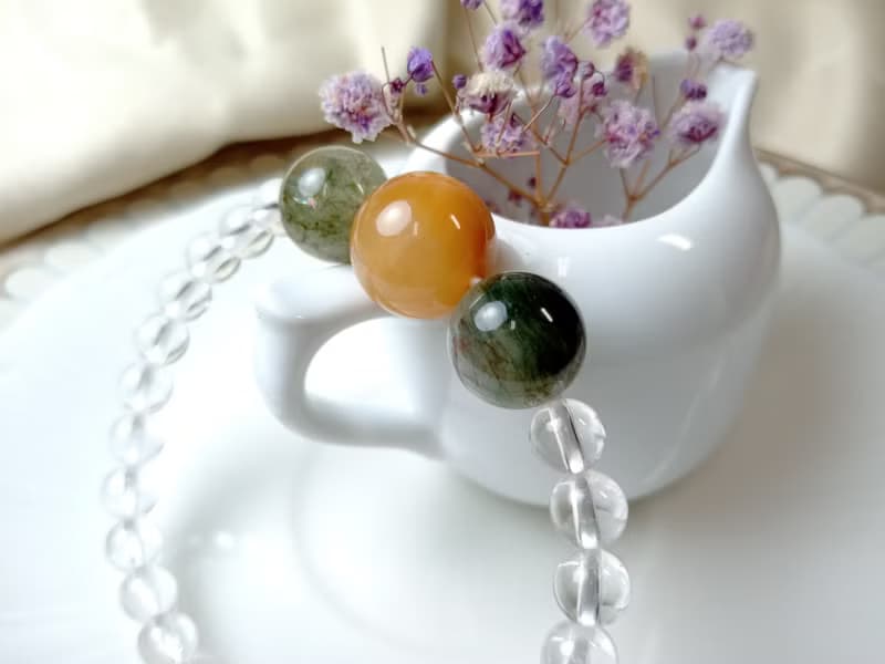 手鍊 珠串設計 綠髮晶+兔毛晶+白水晶