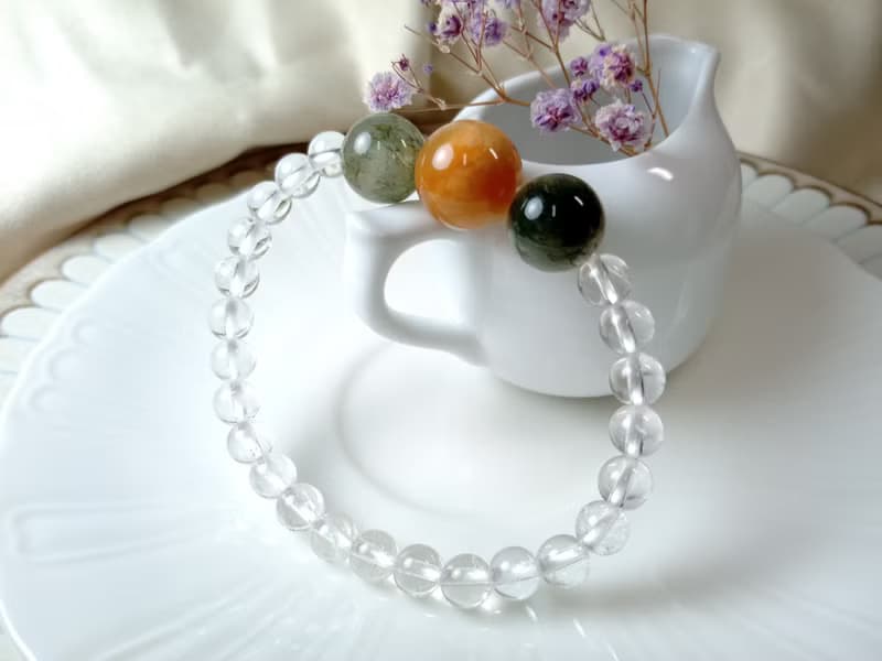 手鍊 珠串設計 綠髮晶+兔毛晶+白水晶