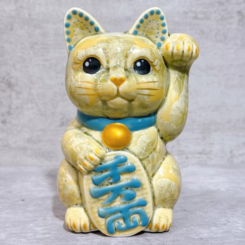 【福鈴貓緣】日本清水燒招財貓 | 花結晶 綠黃 千萬両 左