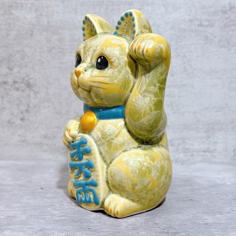 【福鈴貓緣】日本清水燒招財貓 | 花結晶 綠黃 千萬両 左