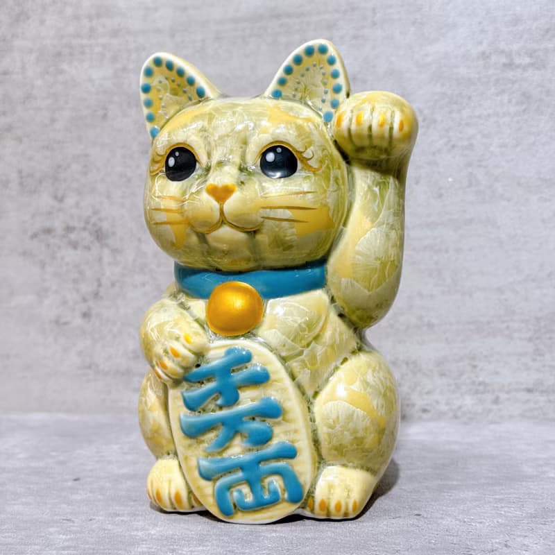 【福鈴貓緣】日本清水燒招財貓 | 花結晶 綠黃 千萬両 左