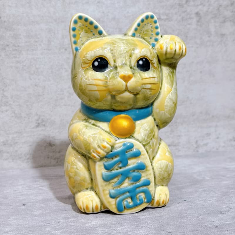 【福鈴貓緣】日本清水燒招財貓 | 花結晶 綠黃 千萬両 左