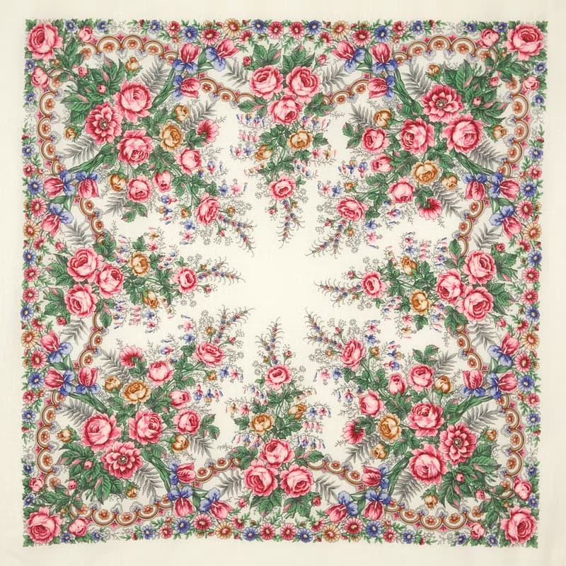Pavlovo Posad Russian Shawl 100% Wool Scarf 125x125 cm Wrap Silk Fringe 555-1