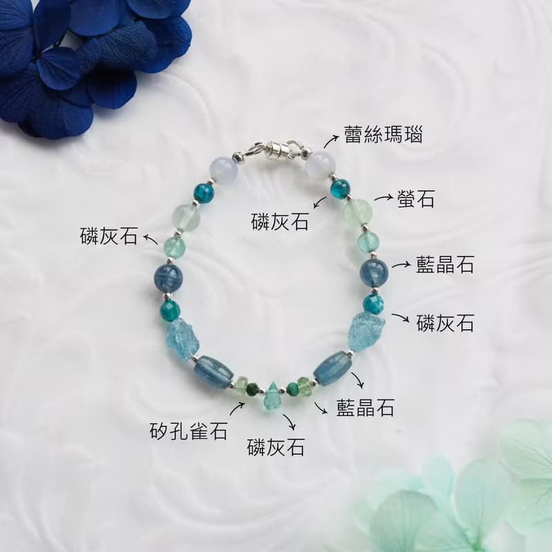 藍蘋果醬──玻璃拼貼  |  藍晶石、磷灰石、蕾絲瑪瑙 天然石手鍊