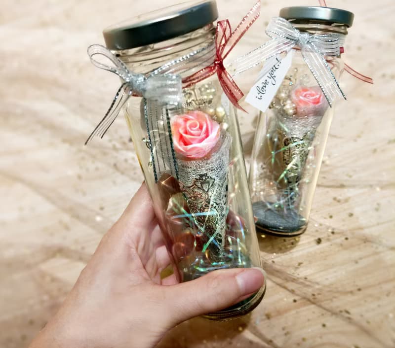 珍珠粉紅甜筒小花束 閃亮玻璃瓶 (情人節禮盒 婚禮小物)