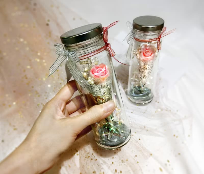 珍珠粉紅甜筒小花束 閃亮玻璃瓶 (情人節禮盒 婚禮小物)
