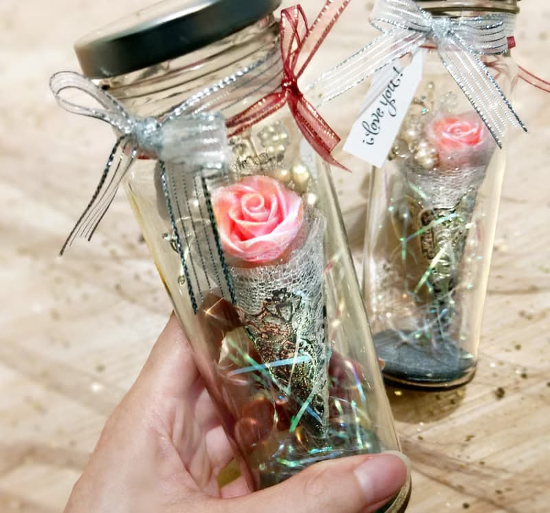 珍珠粉紅甜筒小花束 閃亮玻璃瓶 (情人節禮盒 婚禮小物)