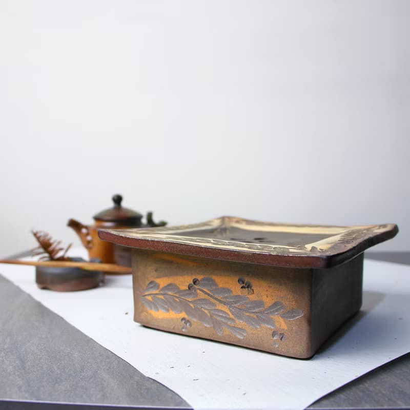 花蔓雙層方壺承 新彩燒 柴燒陶藝 手作作品 茶盤 | 圭窯