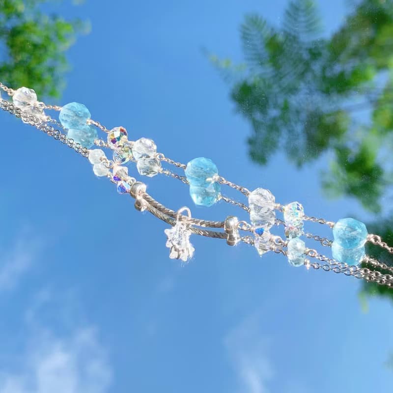海藍寶 白水晶 S925純銀 鑽切天然水晶 手工繞線 雙層手鍊