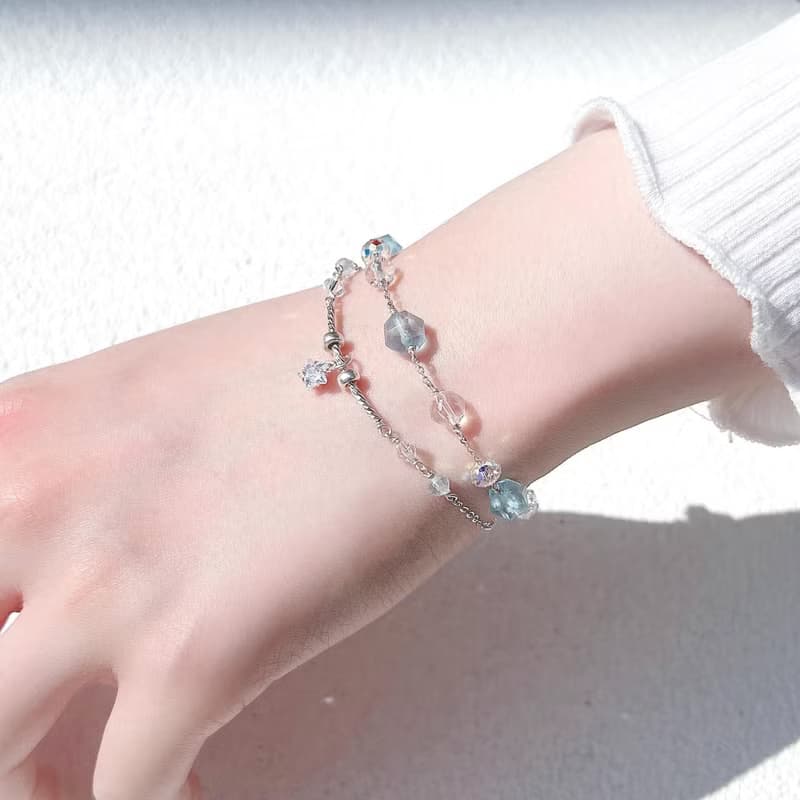 海藍寶 白水晶 S925純銀 鑽切天然水晶 手工繞線 雙層手鍊