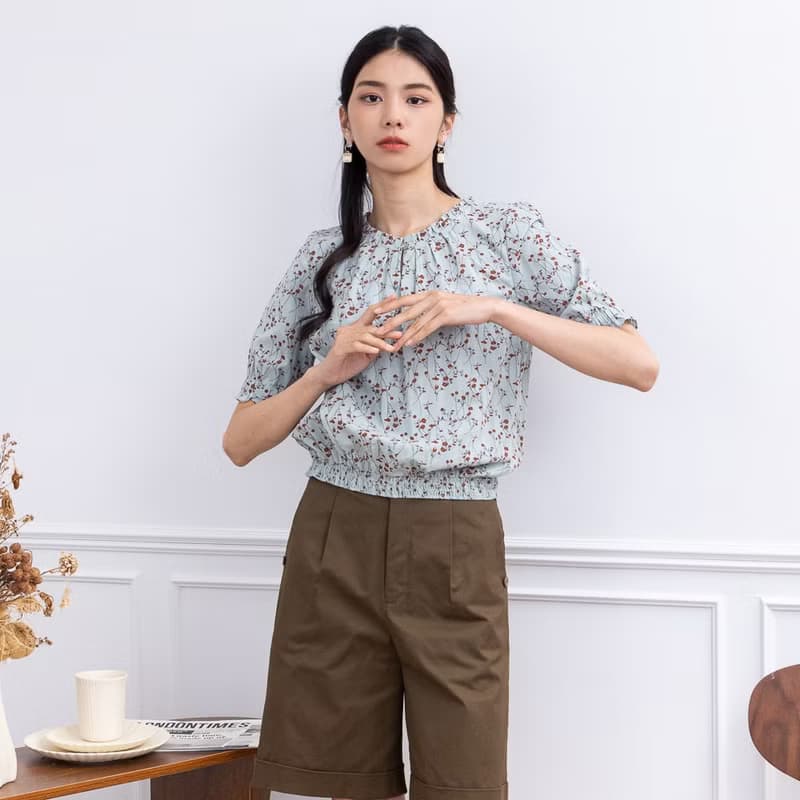 【MEDUSA】藍色碎花棉質小荷葉領口上衣(M-XL) | 女休閒上衣 短袖