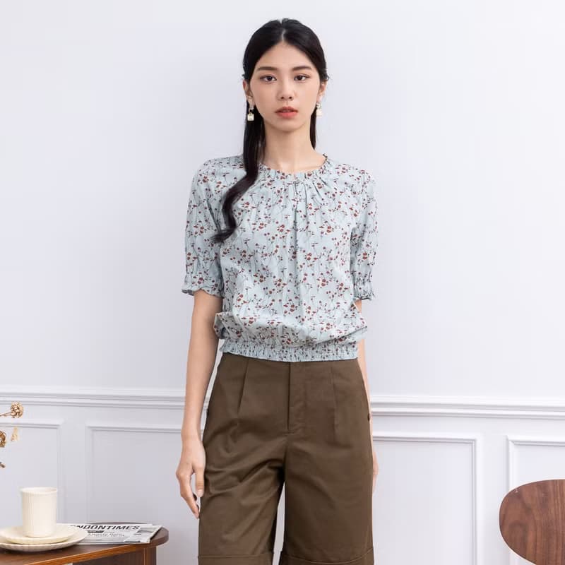 【MEDUSA】藍色碎花棉質小荷葉領口上衣(M-XL) | 女休閒上衣 短袖
