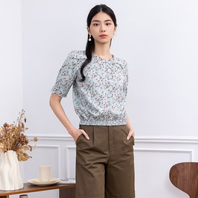 【MEDUSA】藍色碎花棉質小荷葉領口上衣(M-XL) | 女休閒上衣 短袖