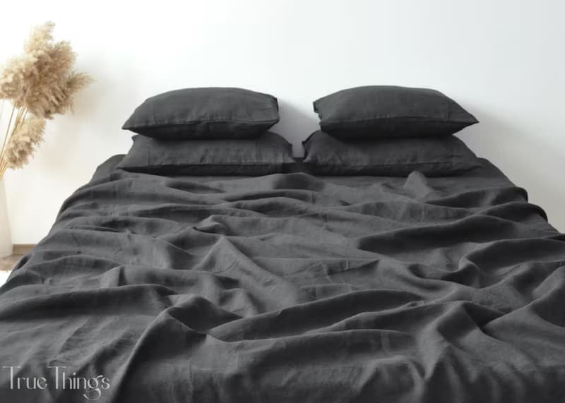 Dark gray linen fitted sheet / Softened linen bed sheet / Deep pocket