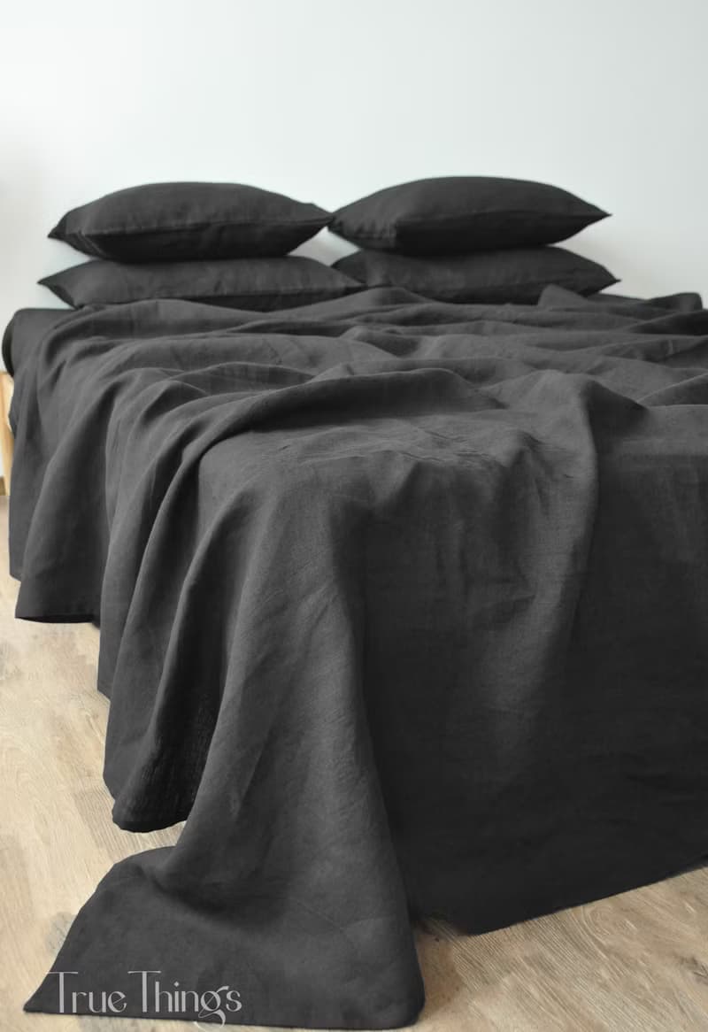 Dark gray linen fitted sheet / Softened linen bed sheet / Deep pocket
