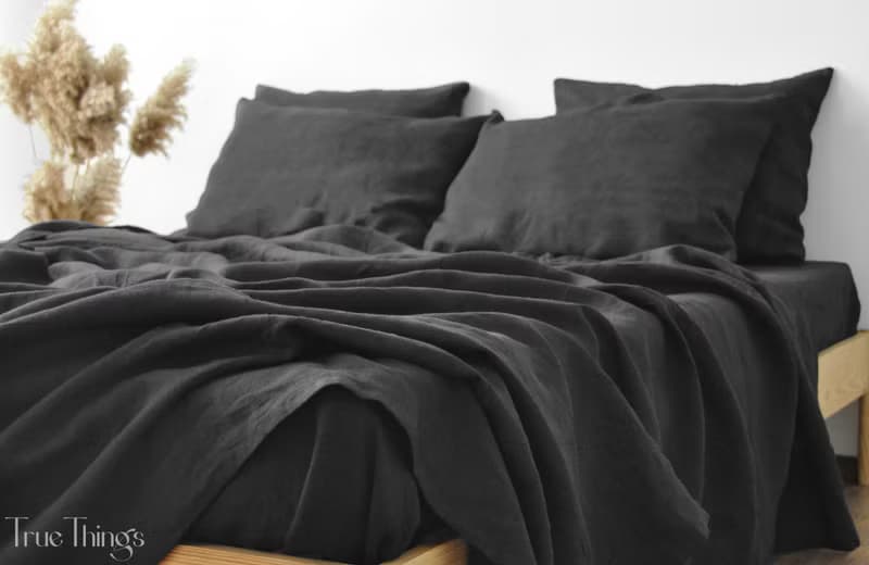 Dark gray linen fitted sheet / Softened linen bed sheet / Deep pocket
