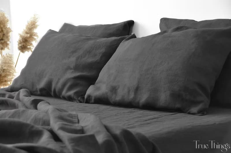 Dark gray linen fitted sheet / Softened linen bed sheet / Deep pocket