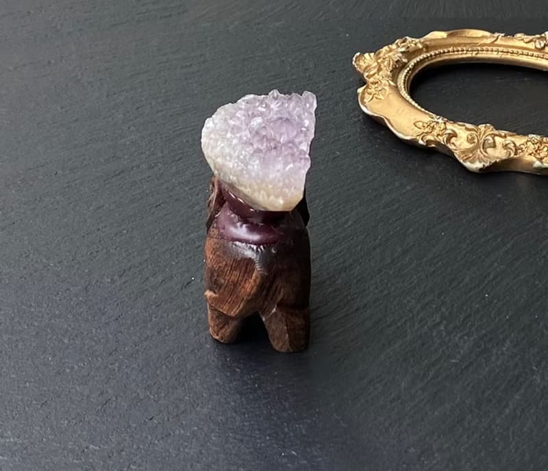 招財富貴-天然幾何夢幻紫晶簇原木仿舊可愛象招財擺件 快速出貨