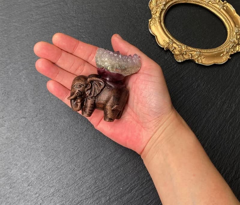 招財富貴-天然幾何夢幻紫晶簇原木仿舊可愛象招財擺件 快速出貨