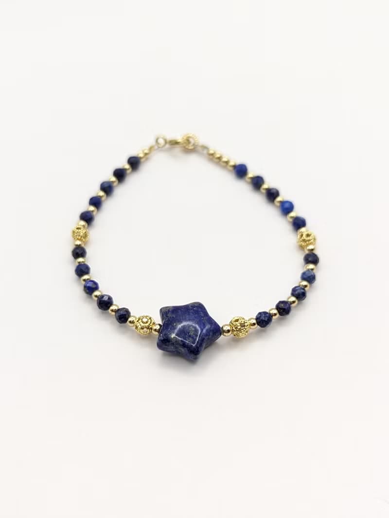 天然水晶 青金石 鍍14K金 許願星星造型手鍊