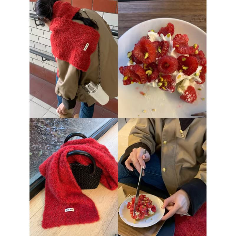 羊毛圈圈紗蓬鬆軟糯 新年紅色百搭保暖針織圍巾