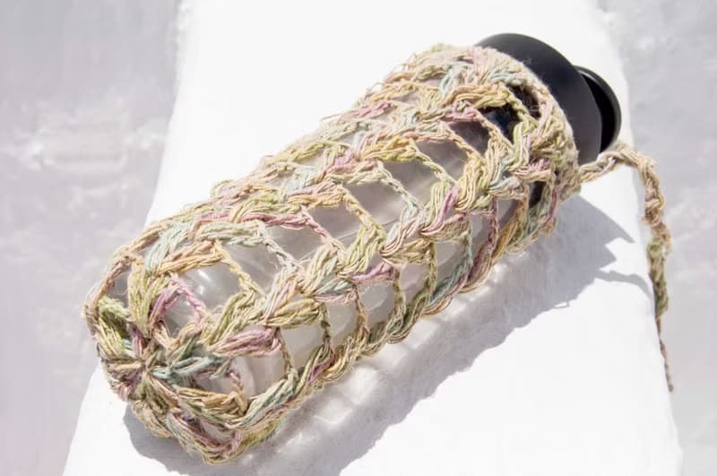 手工麻繩水壺袋/手工麻線水壺袋/保溫瓶袋/飲料提袋-棉麻漸層彩虹