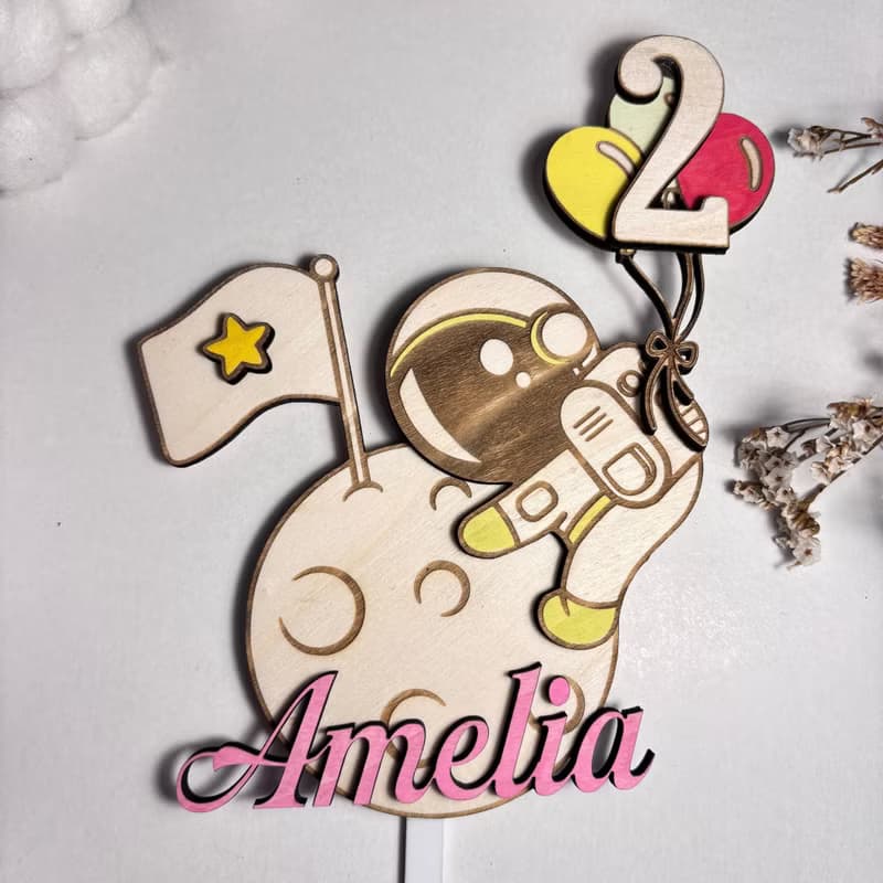 Astronaut Wood Custom Cake Topper - Hand Painted Birthday Keepsake - Custom Name