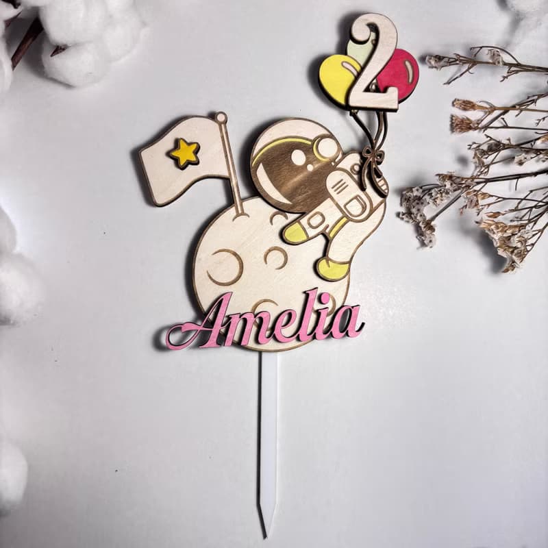 Astronaut Wood Custom Cake Topper - Hand Painted Birthday Keepsake - Custom Name