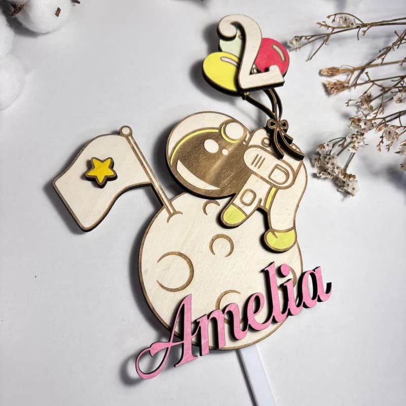 Astronaut Wood Custom Cake Topper - Hand Painted Birthday Keepsake - Custom Name