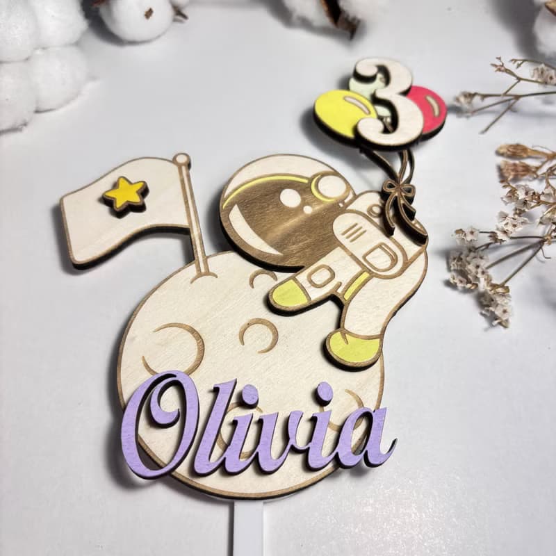 Astronaut Wood Custom Cake Topper - Hand Painted Birthday Keepsake - Custom Name