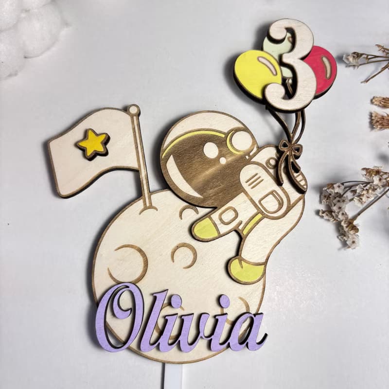 Astronaut Wood Custom Cake Topper - Hand Painted Birthday Keepsake - Custom Name
