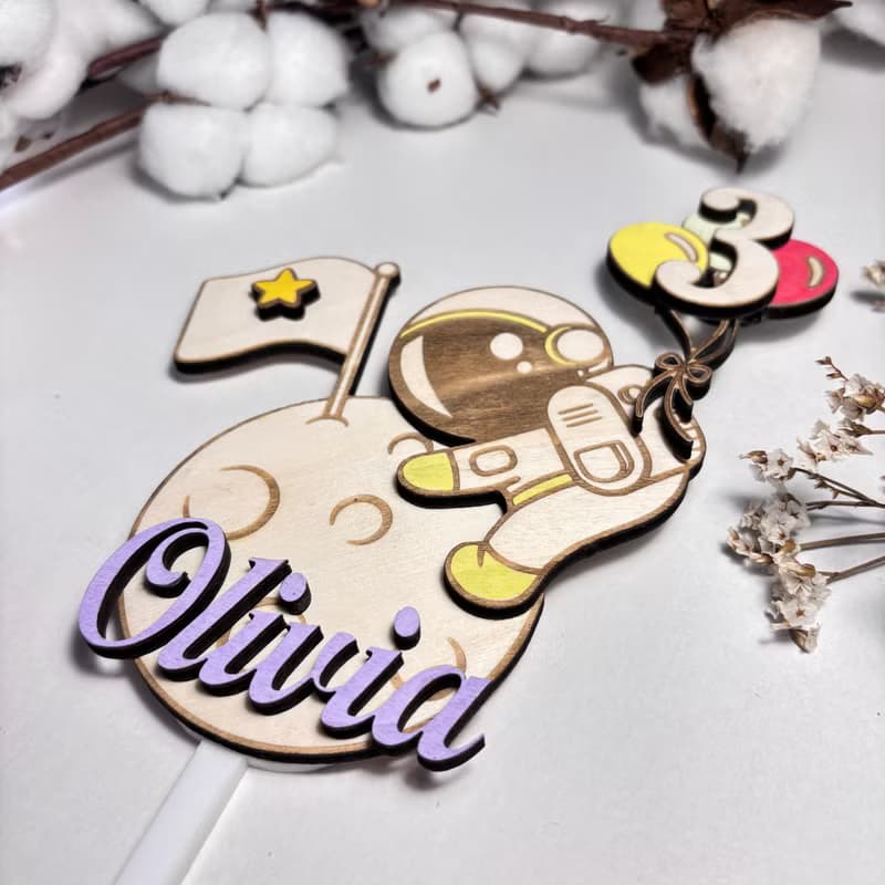 Astronaut Wood Custom Cake Topper - Hand Painted Birthday Keepsake - Custom Name