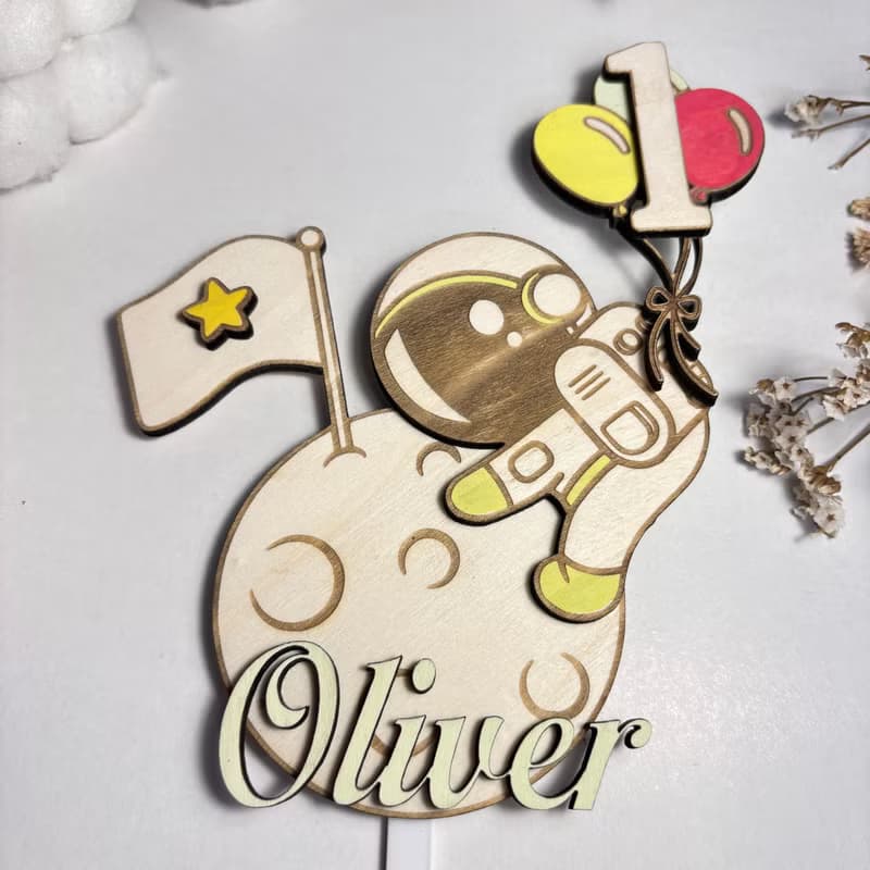 Astronaut Wood Custom Cake Topper - Hand Painted Birthday Keepsake - Custom Name