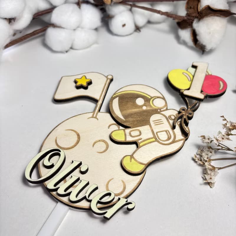 Astronaut Wood Custom Cake Topper - Hand Painted Birthday Keepsake - Custom Name