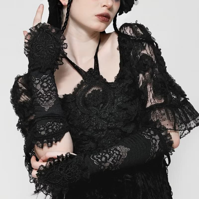 透視雕花蕾絲荷葉邊指環造型長版露指手套DARK IN LOVE台灣AGL026