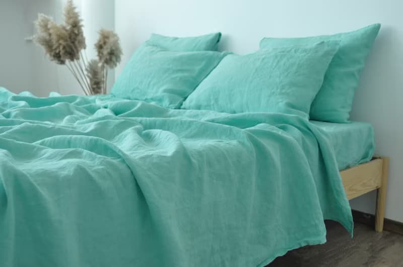 Cyan linen fitted sheet / Softened linen bed sheet / Deep pocket
