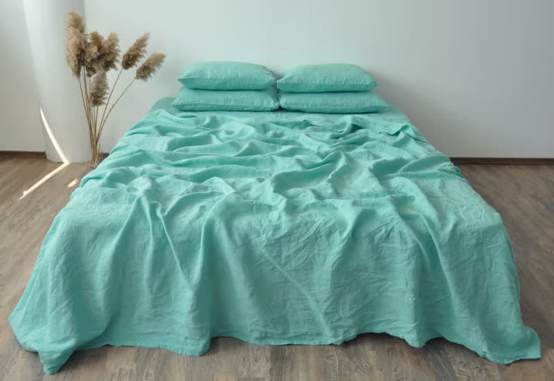 Cyan linen fitted sheet / Softened linen bed sheet / Deep pocket