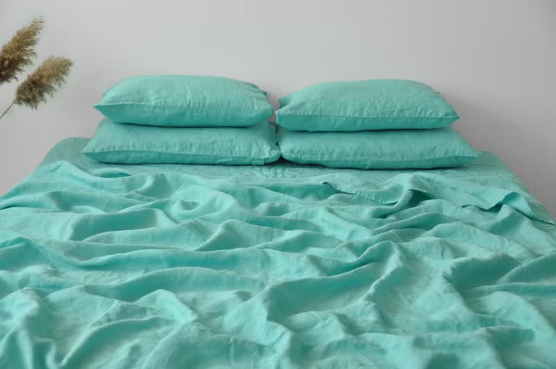 Cyan linen fitted sheet / Softened linen bed sheet / Deep pocket