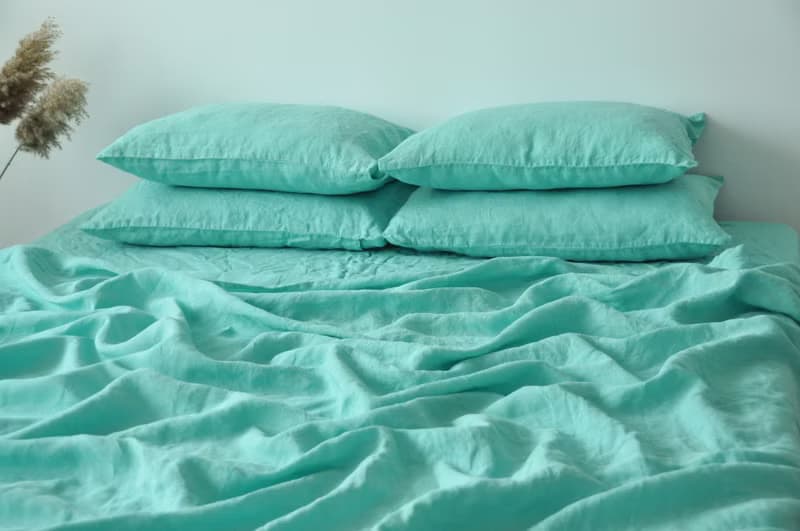 Cyan linen fitted sheet / Softened linen bed sheet / Deep pocket