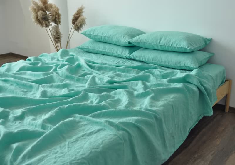 Cyan linen fitted sheet / Softened linen bed sheet / Deep pocket
