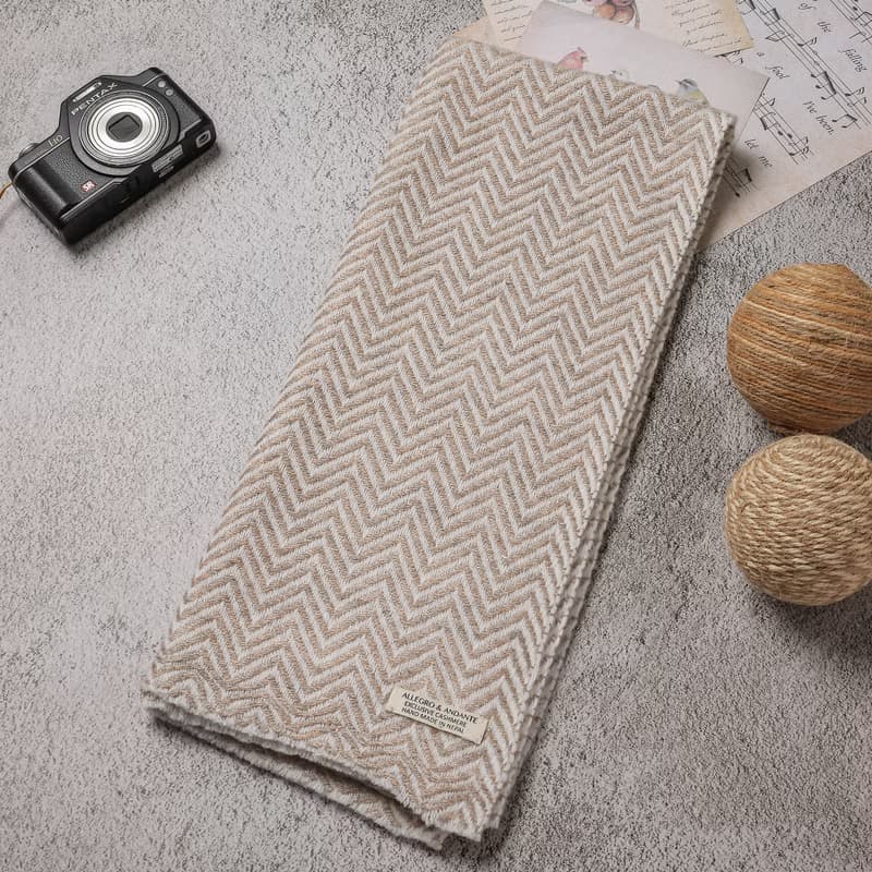 【窄版】喀什米爾羊毛圍巾 山形紋原色無染淺褐 脖圍 手工機織