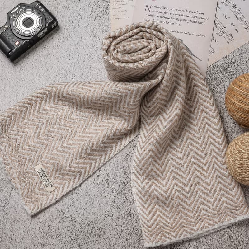 【窄版】喀什米爾羊毛圍巾 山形紋原色無染淺褐 脖圍 手工機織