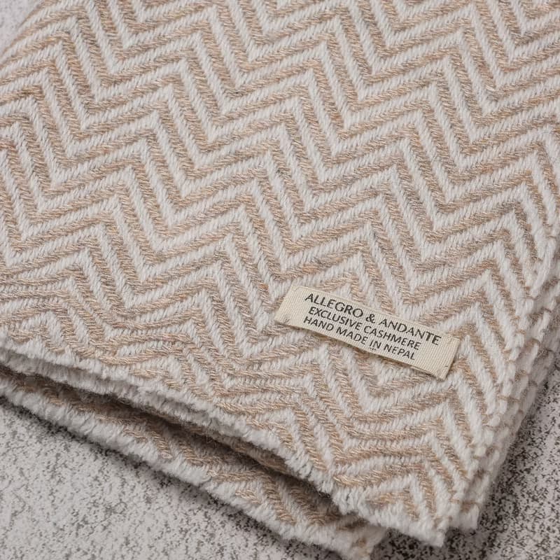 【窄版】喀什米爾羊毛圍巾 山形紋原色無染淺褐 脖圍 手工機織