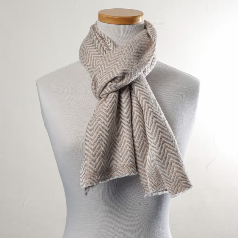 【窄版】喀什米爾羊毛圍巾 山形紋原色無染淺褐 脖圍 手工機織