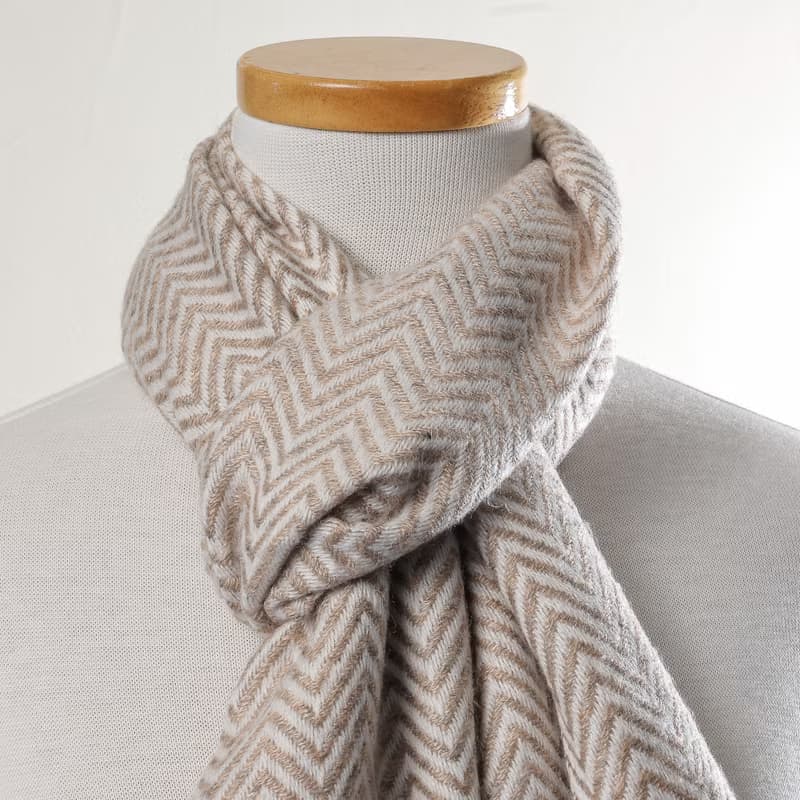 【窄版】喀什米爾羊毛圍巾 山形紋原色無染淺褐 脖圍 手工機織