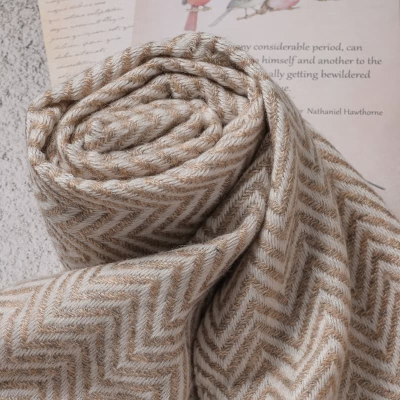 【窄版】喀什米爾羊毛圍巾 山形紋原色無染淺褐 脖圍 手工機織